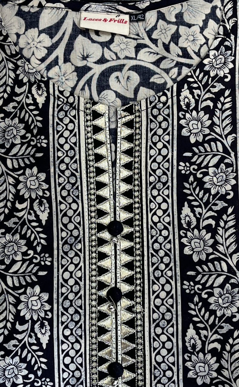 Black Garden Jaipur Cotton Kurti With Pant And Dupatta Set. Pure Versatile Cotton. | Laces and Frills