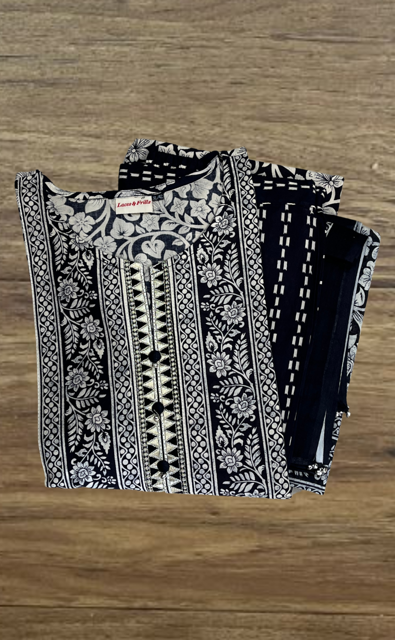 Black Garden Jaipur Cotton Kurti With Pant And Dupatta Set. Pure Versatile Cotton. | Laces and Frills