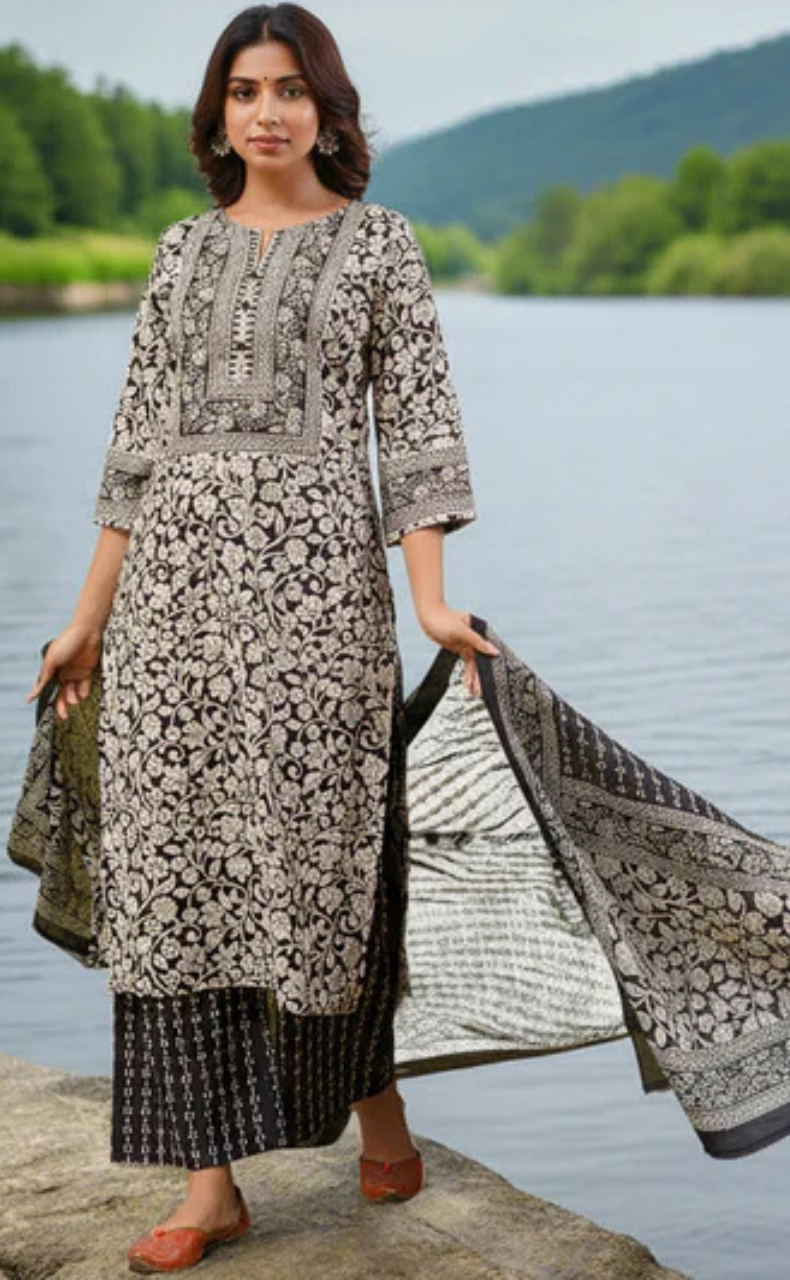 Black Garden Jaipur Cotton Kurti With Pant And Dupatta Set. Pure Versatile Cotton. | Laces and Frills