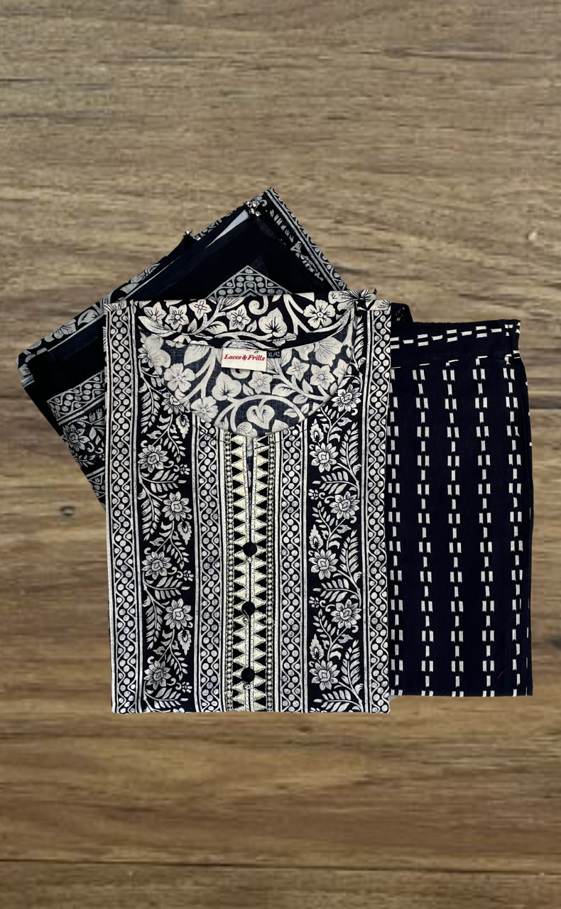 Black Garden Jaipur Cotton Kurti With Pant And Dupatta Set. Pure Versatile Cotton. | Laces and Frills