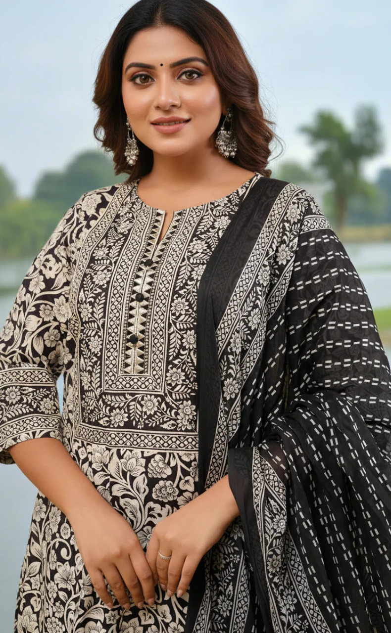 Black Garden Jaipur Cotton Kurti With Pant And Dupatta Set. Pure Versatile Cotton. | Laces and Frills