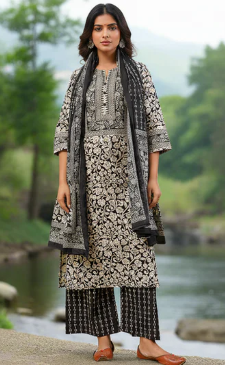 Black Garden Jaipur Cotton Kurti With Pant And Dupatta Set. Pure Versatile Cotton. | Laces and Frills
