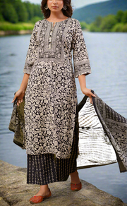 Black Garden Jaipur Cotton Kurti With Pant And Dupatta Set. Pure Versatile Cotton. | Laces and Frills
