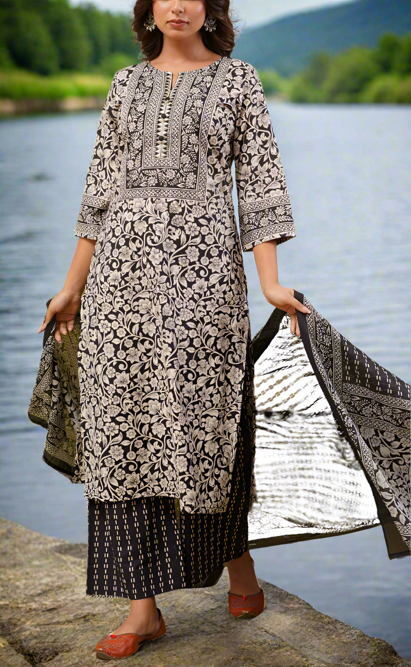 Black Garden Jaipur Cotton Kurti With Pant And Dupatta Set. Pure Versatile Cotton. | Laces and Frills