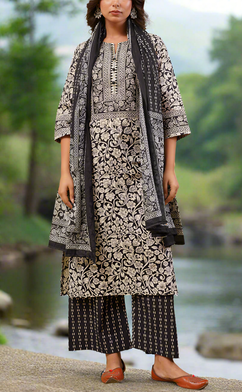 Black Garden Jaipur Cotton Kurti With Pant And Dupatta Set. Pure Versatile Cotton. | Laces and Frills