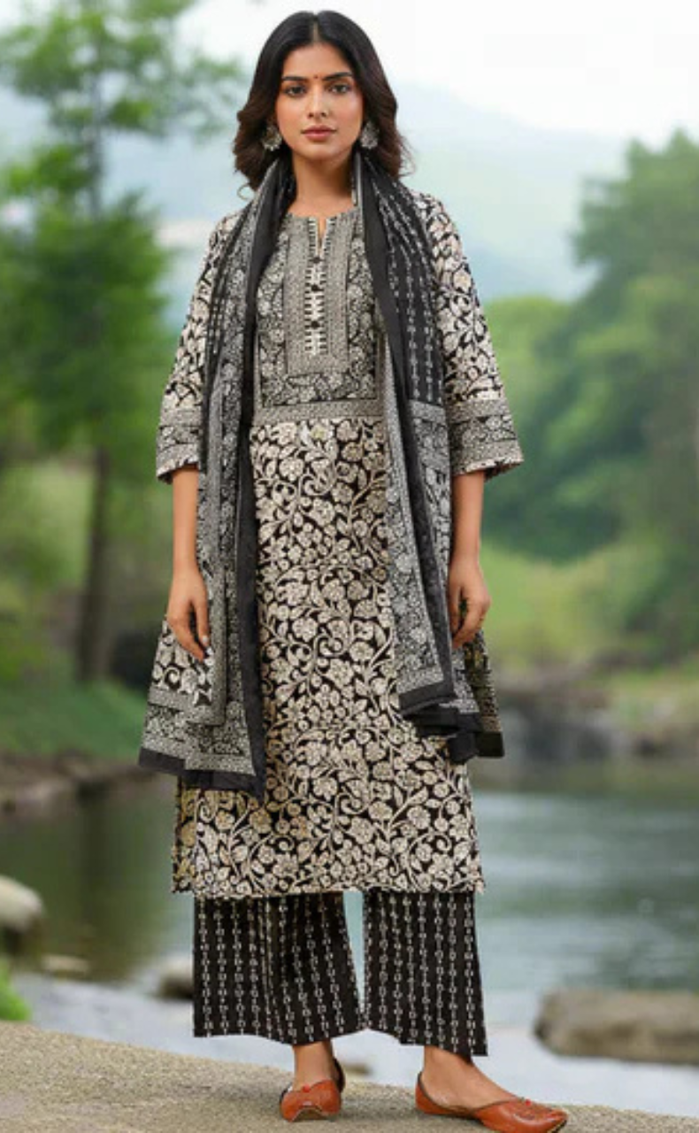 Black Garden Jaipur Cotton Kurti With Pant And Dupatta Set. Pure Versatile Cotton. | Laces and Frills