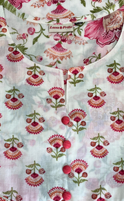 Off White/Pink Floral Jaipur Cotton Kurti With Pant And Dupatta Set. Pure Versatile Cotton. | Laces and Frills - Laces and Frills