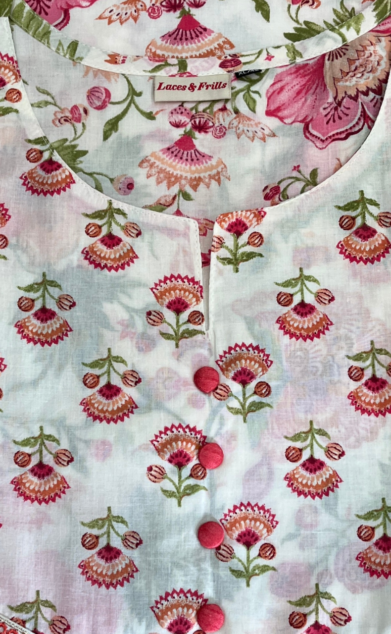 Off White/Pink Floral Jaipur Cotton Kurti With Pant And Dupatta Set. Pure Versatile Cotton. | Laces and Frills - Laces and Frills