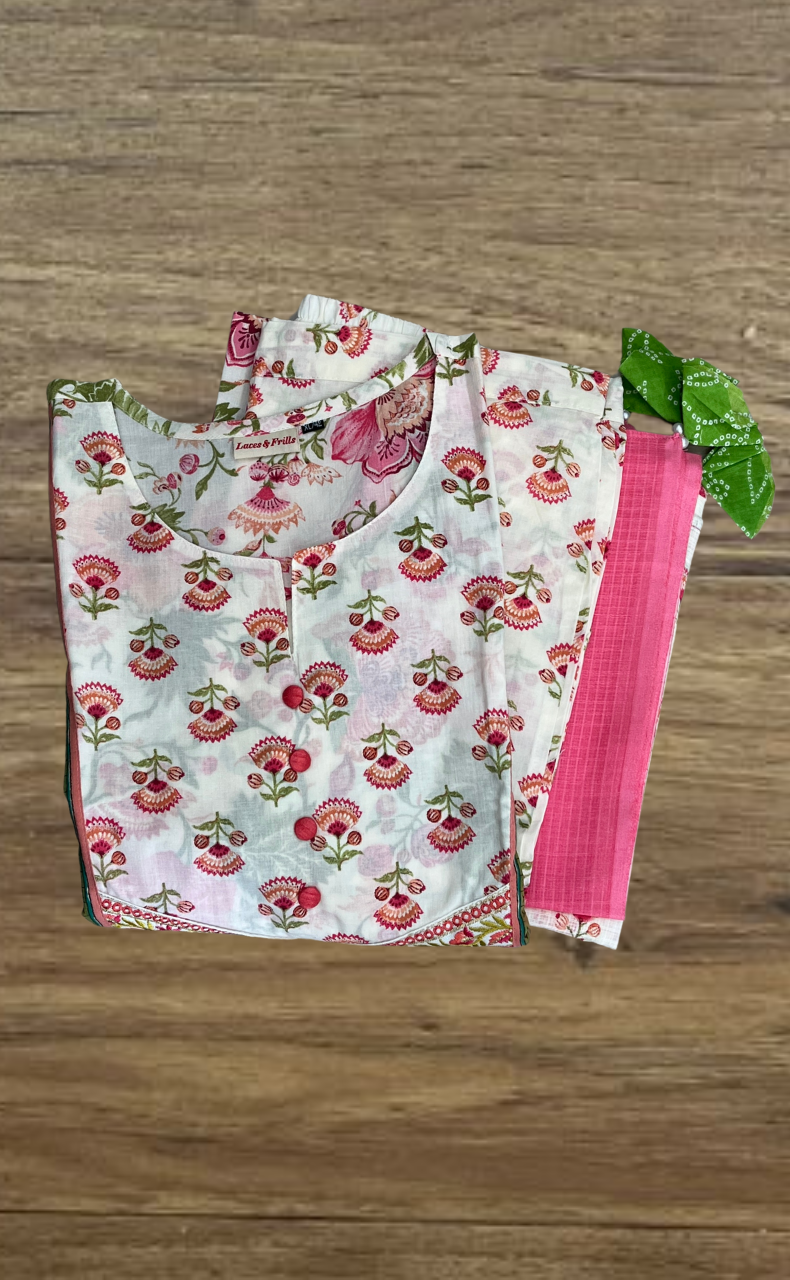 Off White/Pink Floral Jaipur Cotton Kurti With Pant And Dupatta Set. Pure Versatile Cotton. | Laces and Frills