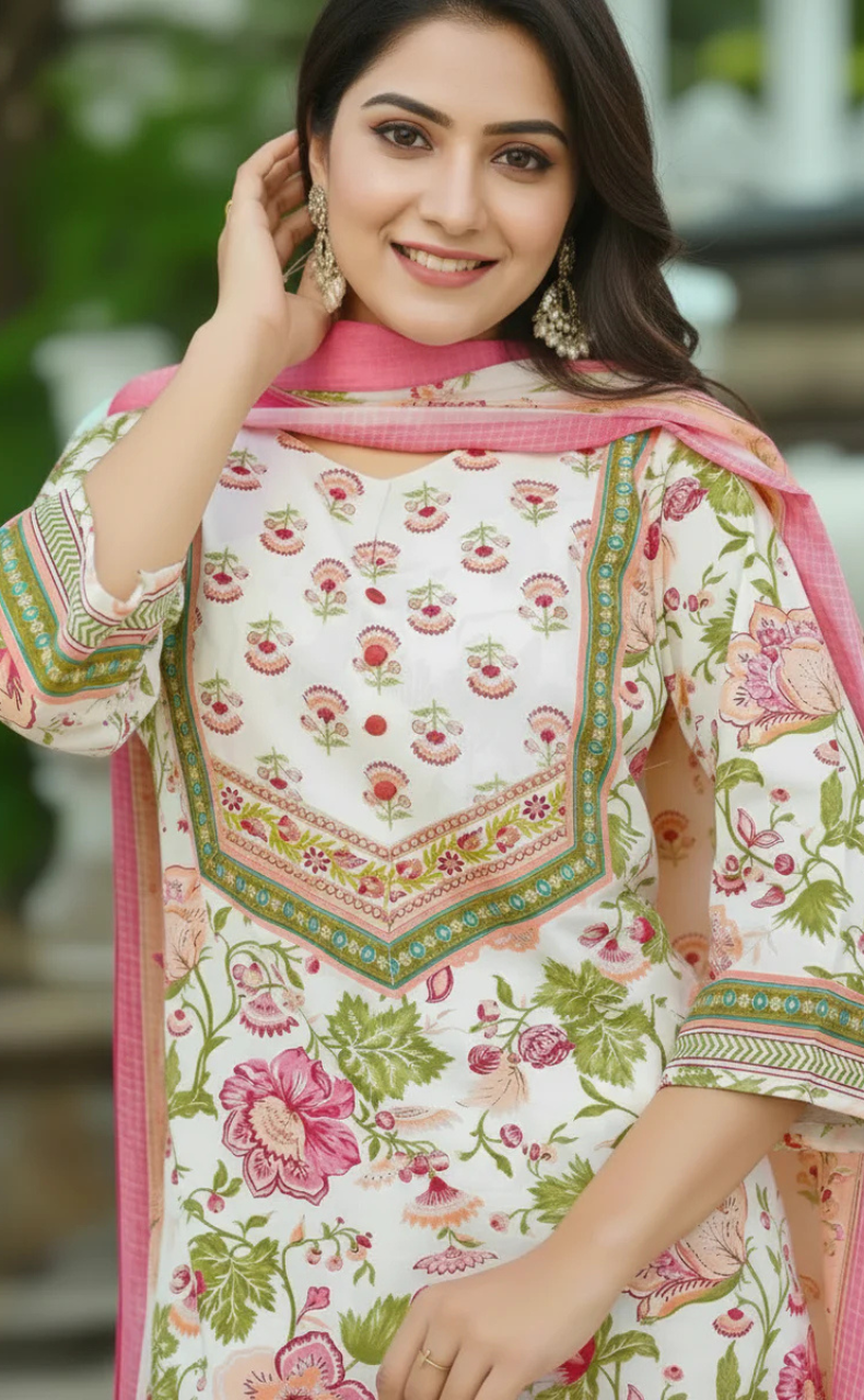 Off White/Pink Floral Jaipur Cotton Kurti With Pant And Dupatta Set. Pure Versatile Cotton. | Laces and Frills