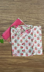Off White/Pink Floral Jaipur Cotton Kurti With Pant And Dupatta Set. Pure Versatile Cotton. | Laces and Frills