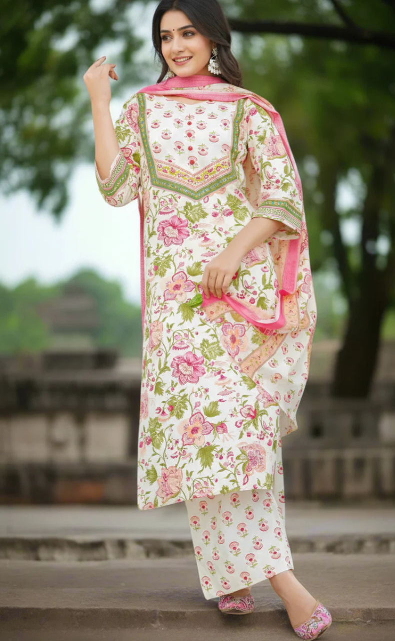 Off White/Pink Floral Jaipur Cotton Kurti With Pant And Dupatta Set. Pure Versatile Cotton. | Laces and Frills