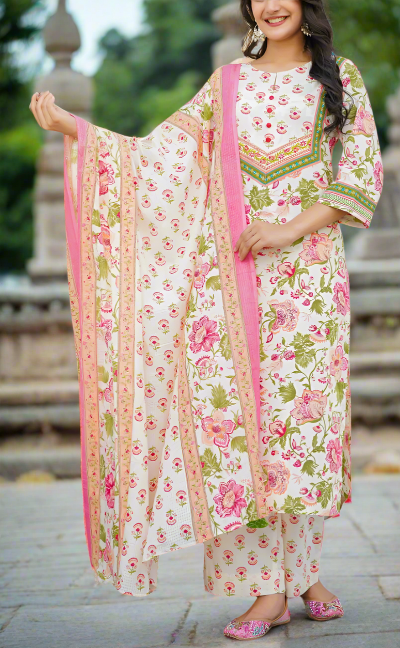 Off White/Pink Floral Jaipur Cotton Kurti With Pant And Dupatta Set. Pure Versatile Cotton. | Laces and Frills