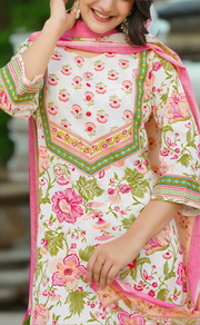 Off White/Pink Floral Jaipur Cotton Kurti With Pant And Dupatta Set. Pure Versatile Cotton. | Laces and Frills