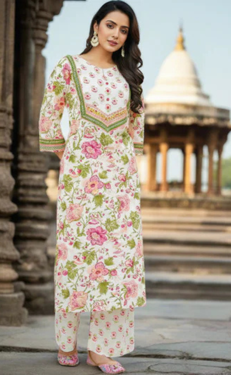 Off White/Pink Floral Jaipur Cotton Kurti With Pant And Dupatta Set. Pure Versatile Cotton. | Laces and Frills