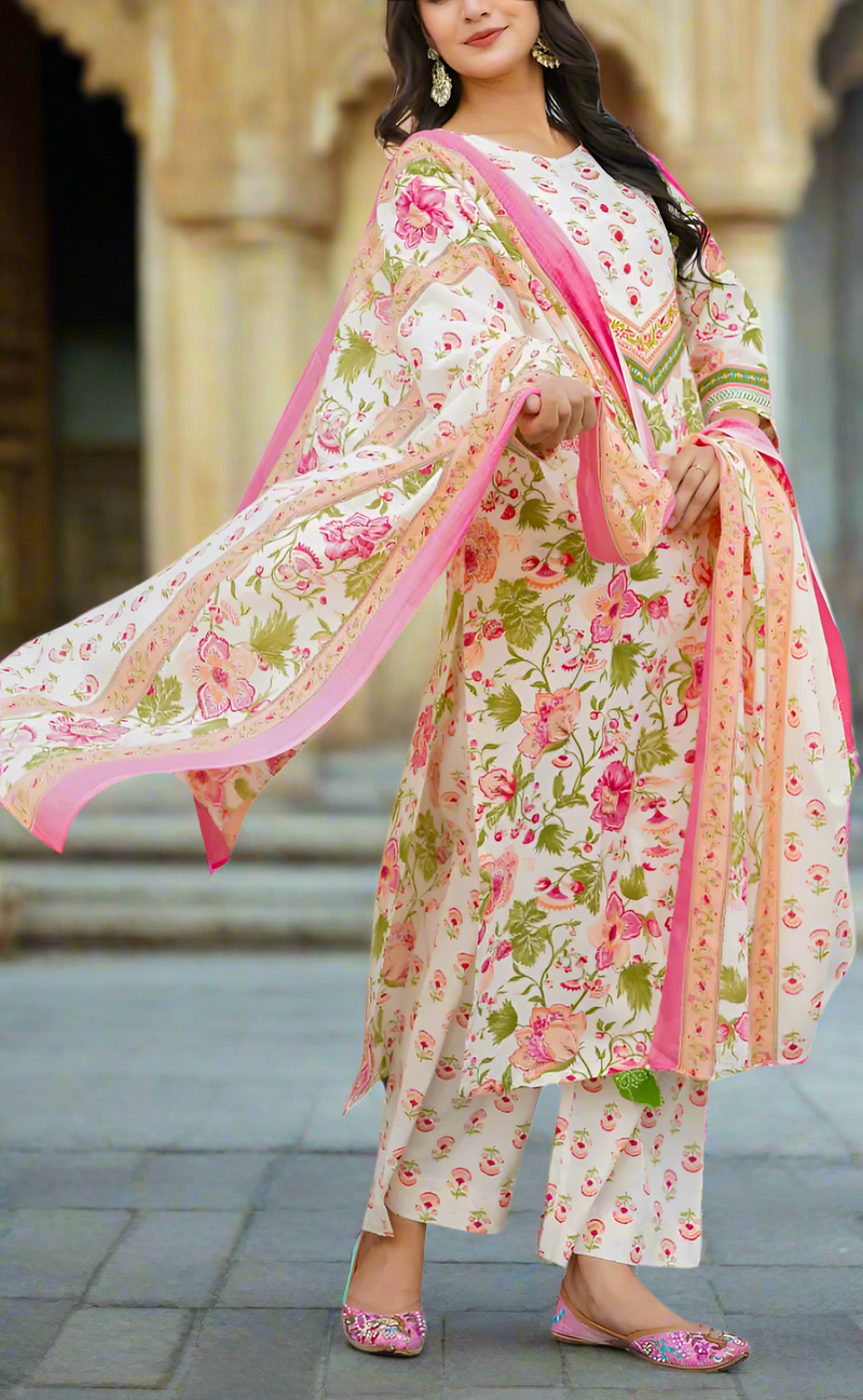 Off White/Pink Floral Jaipur Cotton Kurti With Pant And Dupatta Set. Pure Versatile Cotton. | Laces and Frills