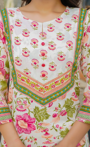 Off White/Pink Floral Jaipur Cotton Kurti With Pant And Dupatta Set. Pure Versatile Cotton. | Laces and Frills