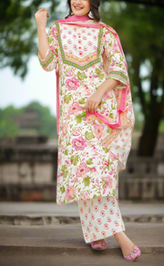 Off White/Pink Floral Jaipur Cotton Kurti With Pant And Dupatta Set. Pure Versatile Cotton. | Laces and Frills