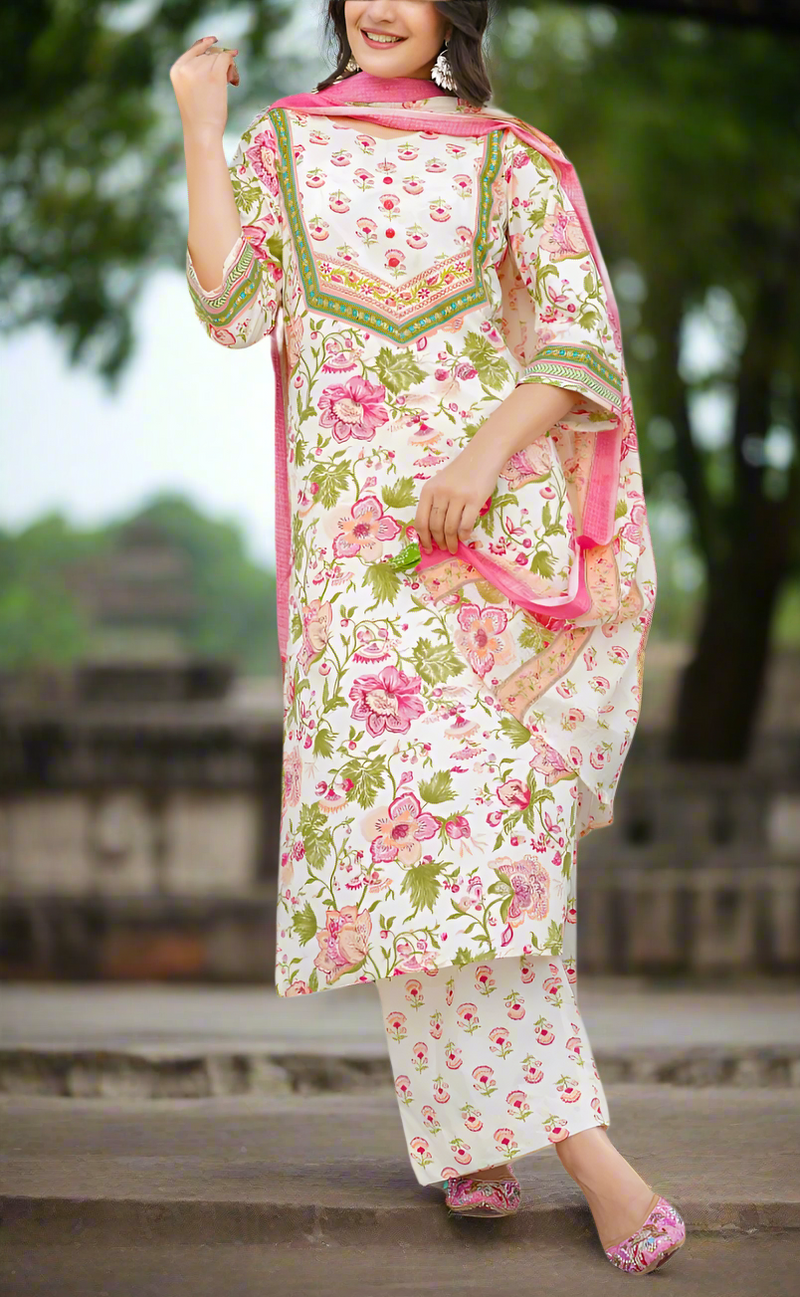 Off White/Pink Floral Jaipur Cotton Kurti With Pant And Dupatta Set. Pure Versatile Cotton. | Laces and Frills
