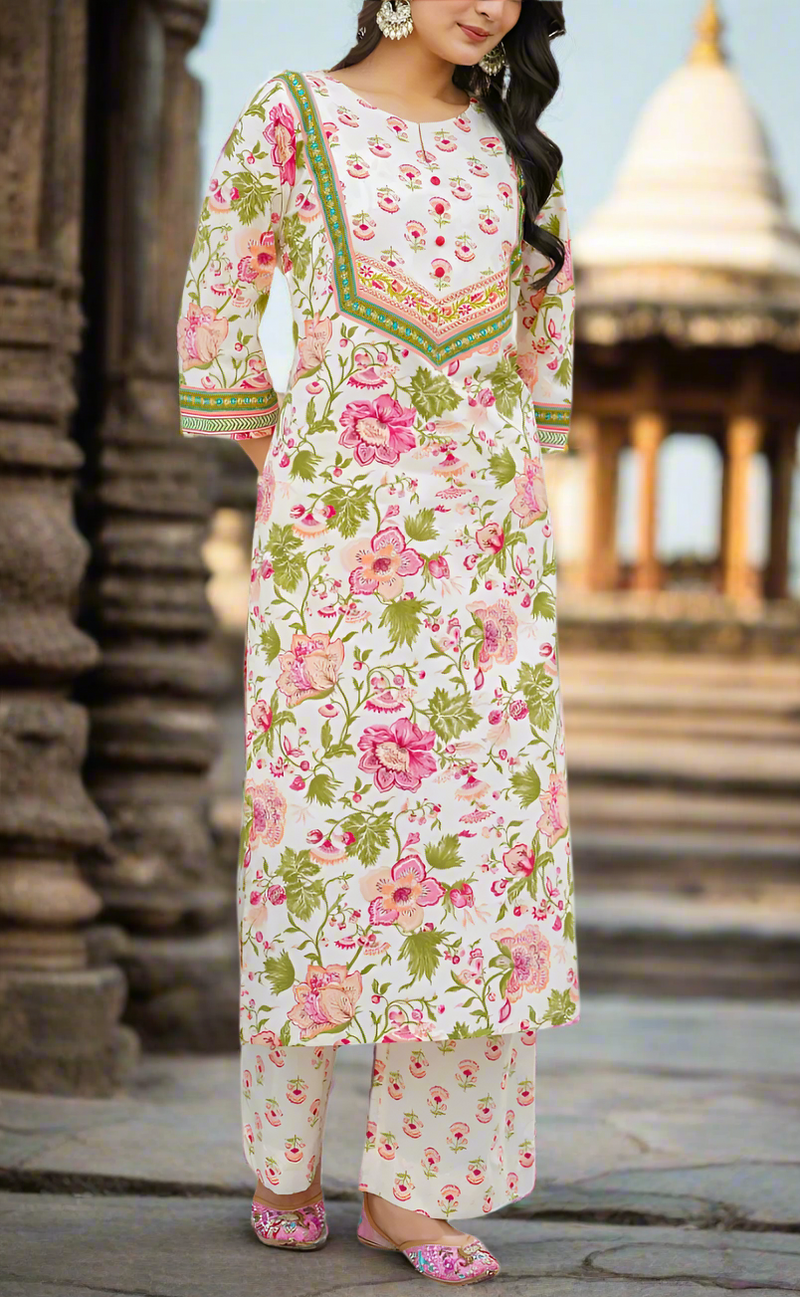 Off White/Pink Floral Jaipur Cotton Kurti With Pant And Dupatta Set. Pure Versatile Cotton. | Laces and Frills