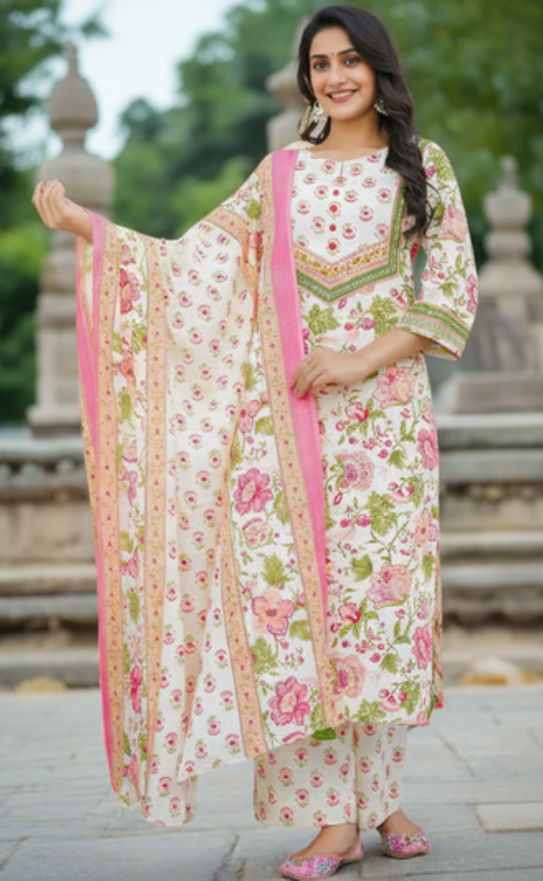 Off White/Pink Floral Jaipur Cotton Kurti With Pant And Dupatta Set. Pure Versatile Cotton. | Laces and Frills