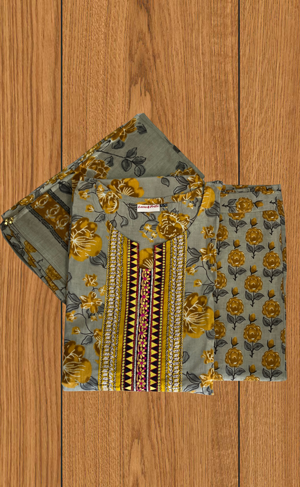 Beige/Mustard Garden Jaipur Cotton Kurti With Pant And Dupatta Set. Pure Versatile Cotton. | Laces and Frills