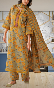 Beige Garden Jaipur Cotton Kurti With Pant And Dupatta Set. Pure Versatile Cotton. | Laces and Frills - Laces and Frills