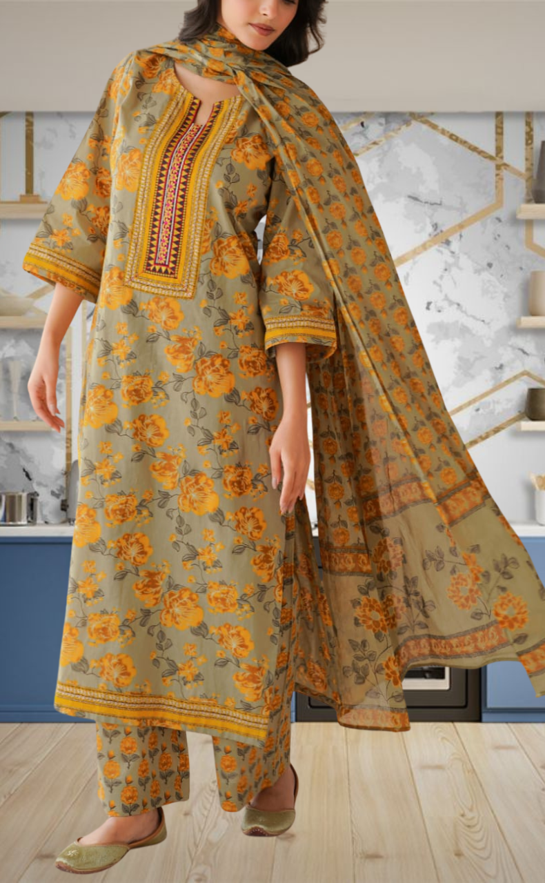 Beige Garden Jaipur Cotton Kurti With Pant And Dupatta Set. Pure Versatile Cotton. | Laces and Frills - Laces and Frills