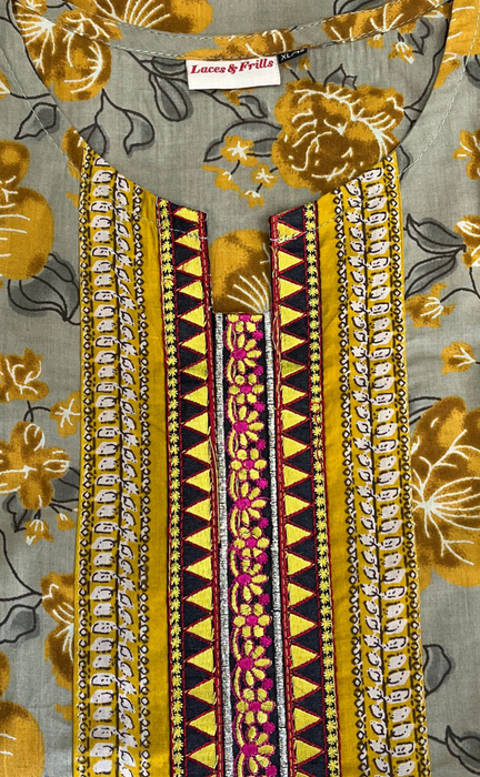 Beige/Mustard Garden Jaipur Cotton Kurti With Pant And Dupatta Set. Pure Versatile Cotton. | Laces and Frills