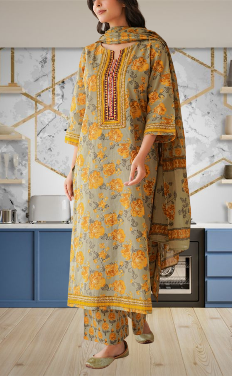 Beige Garden Jaipur Cotton Kurti With Pant And Dupatta Set. Pure Versatile Cotton. | Laces and Frills - Laces and Frills