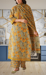 Beige Garden Jaipur Cotton Kurti With Pant And Dupatta Set. Pure Versatile Cotton. | Laces and Frills - Laces and Frills