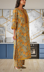 Beige Garden Jaipur Cotton Kurti With Pant And Dupatta Set. Pure Versatile Cotton. | Laces and Frills - Laces and Frills