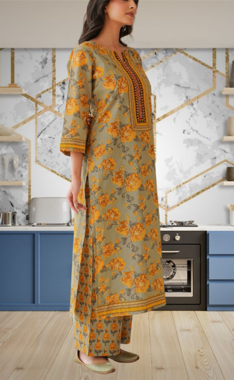 Beige Garden Jaipur Cotton Kurti With Pant And Dupatta Set. Pure Versatile Cotton. | Laces and Frills - Laces and Frills