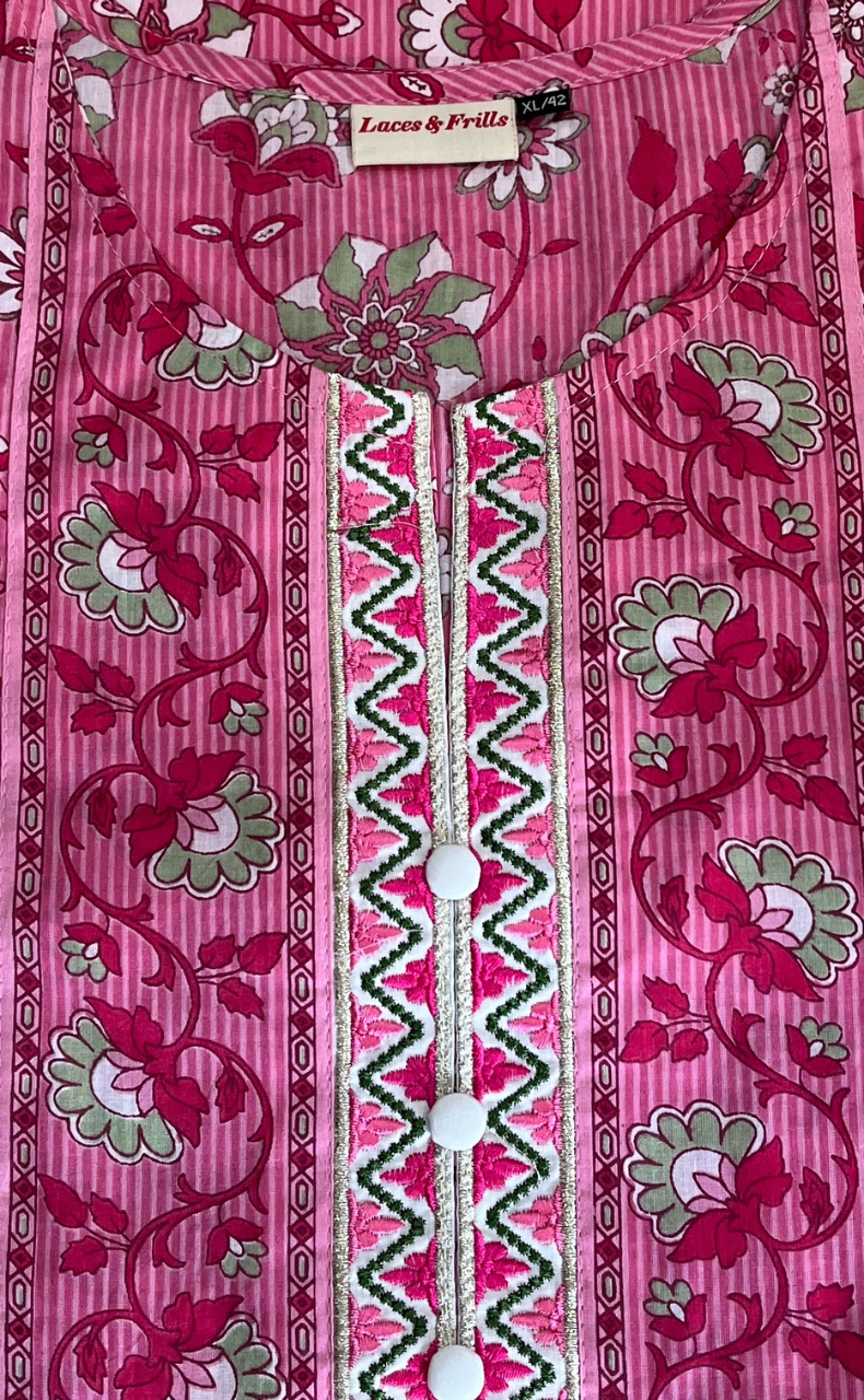 Pink Garden Jaipur Cotton Kurti With Pant And Dupatta Set. Pure Versatile Cotton. | Laces and Frills