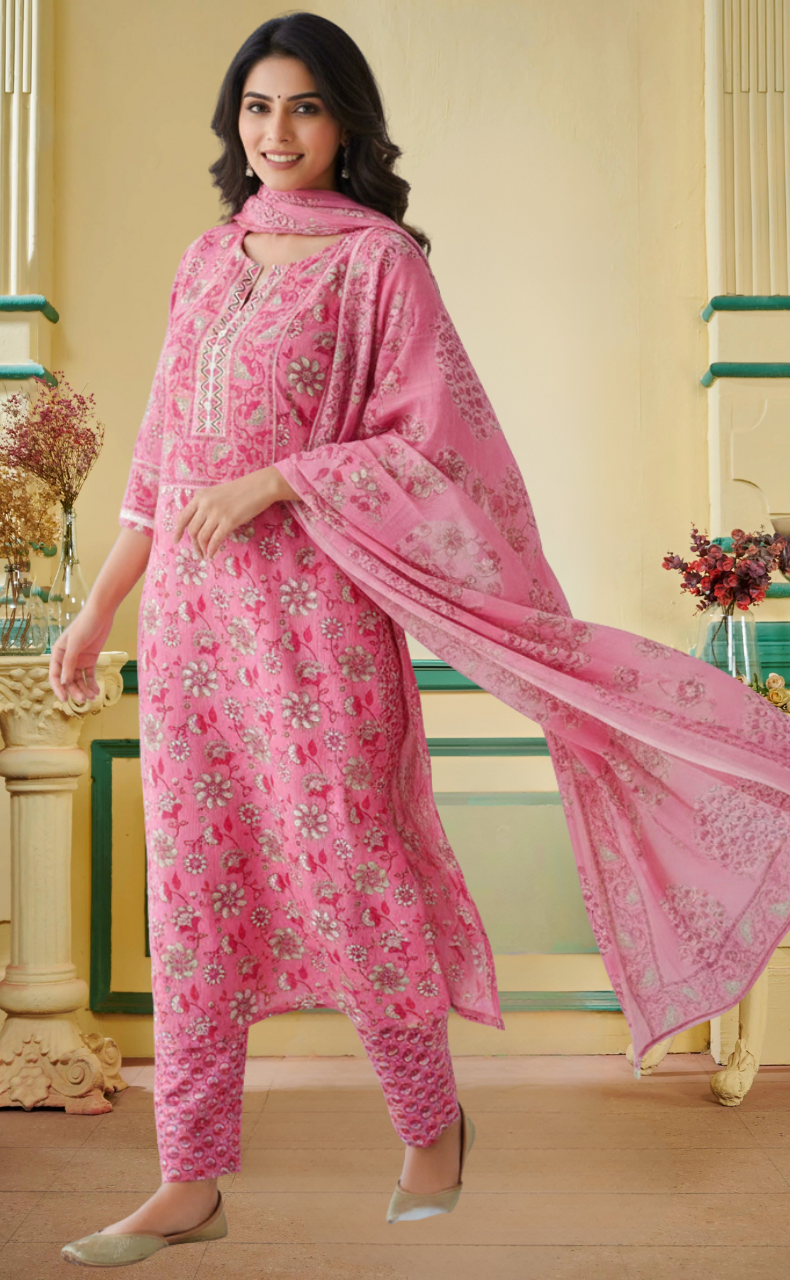 Pink Garden Jaipur Cotton Kurti With Pant And Dupatta Set. Pure Versatile Cotton. | Laces and Frills