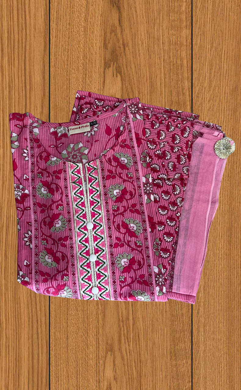 Pink Garden Jaipur Cotton Kurti With Pant And Dupatta Set. Pure Versatile Cotton. | Laces and Frills