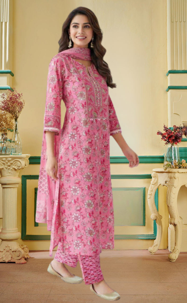 Pink Garden Jaipur Cotton Kurti With Pant And Dupatta Set. Pure Versatile Cotton. | Laces and Frills