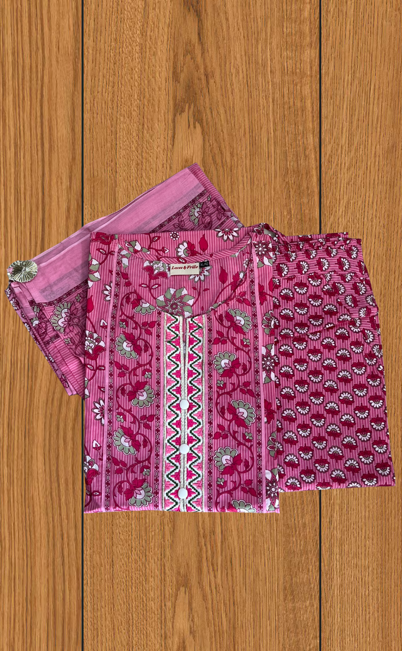Pink Garden Jaipur Cotton Kurti With Pant And Dupatta Set. Pure Versatile Cotton. | Laces and Frills