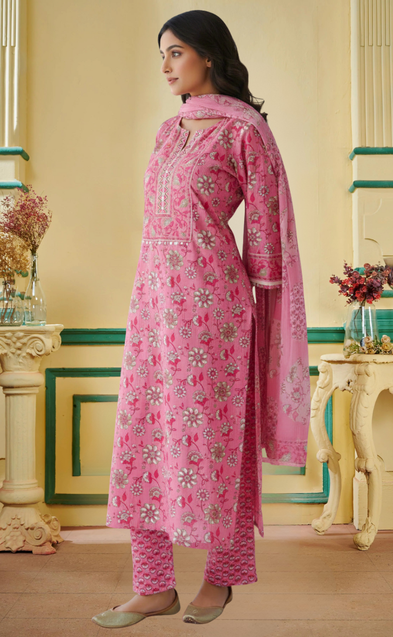 Pink Garden Jaipur Cotton Kurti With Pant And Dupatta Set. Pure Versatile Cotton. | Laces and Frills