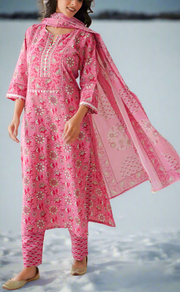 Pink Garden Jaipur Cotton Kurti With Pant And Dupatta Set. Pure Versatile Cotton. | Laces and Frills