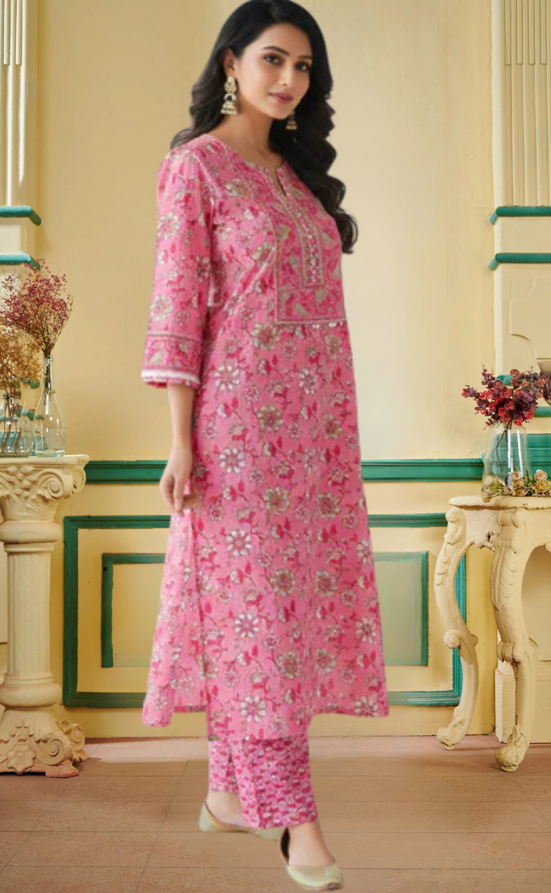 Pink Garden Jaipur Cotton Kurti With Pant And Dupatta Set. Pure Versatile Cotton. | Laces and Frills