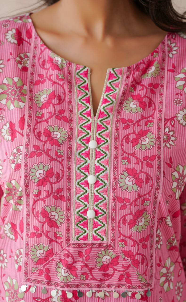 Pink Garden Jaipur Cotton Kurti With Pant And Dupatta Set. Pure Versatile Cotton. | Laces and Frills