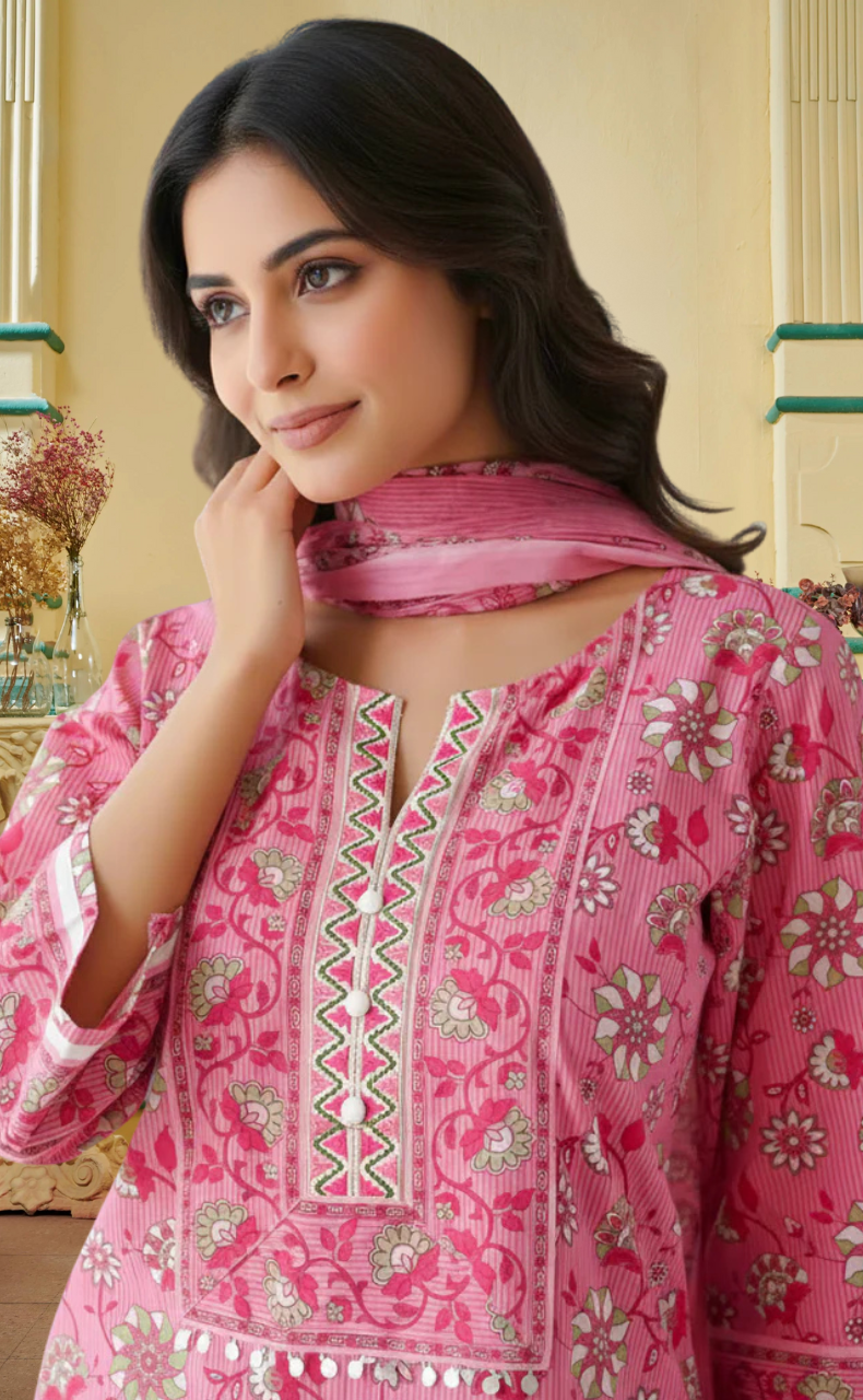 Pink Garden Jaipur Cotton Kurti With Pant And Dupatta Set. Pure Versatile Cotton. | Laces and Frills