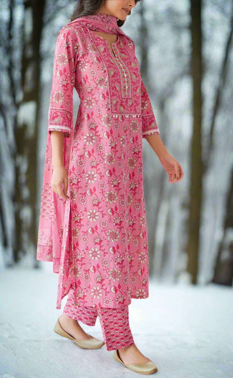 Pink Garden Jaipur Cotton Kurti With Pant And Dupatta Set. Pure Versatile Cotton. | Laces and Frills