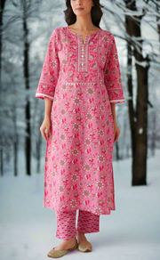 Pink Garden Jaipur Cotton Kurti With Pant And Dupatta Set. Pure Versatile Cotton. | Laces and Frills