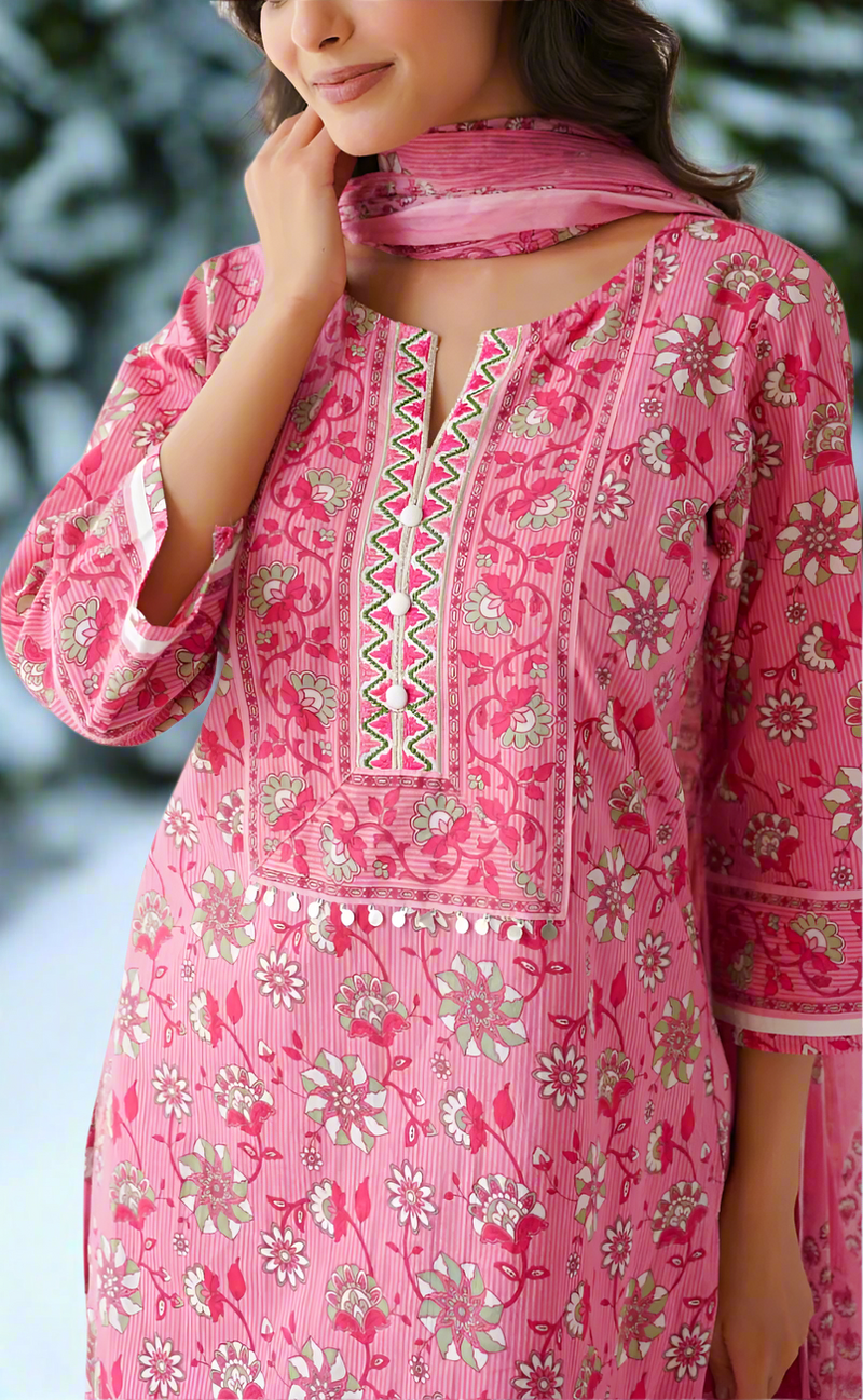 Pink Garden Jaipur Cotton Kurti With Pant And Dupatta Set. Pure Versatile Cotton. | Laces and Frills