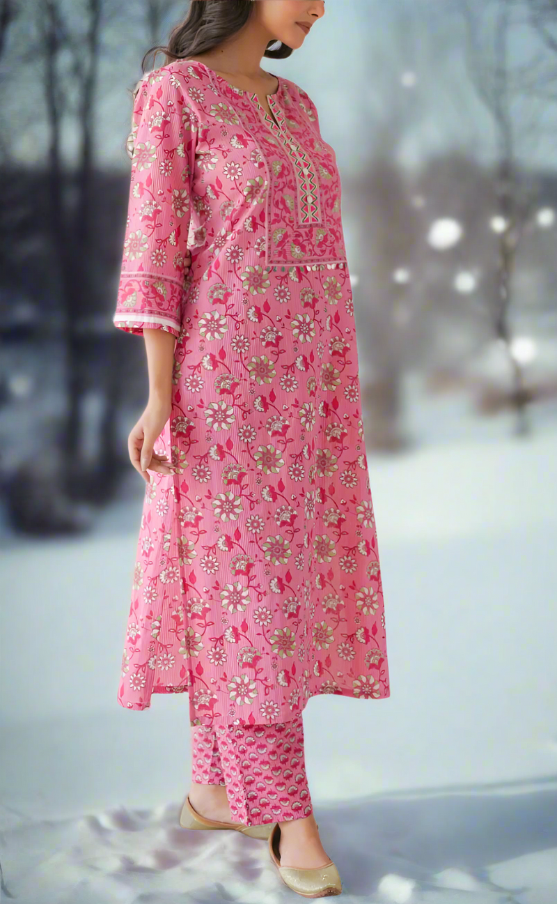 Pink Garden Jaipur Cotton Kurti With Pant And Dupatta Set. Pure Versatile Cotton. | Laces and Frills