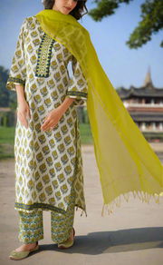 White Floral Jaipur Cotton Kurti With Pant And Dupatta Set. Pure Versatile Cotton. | Laces and Frills