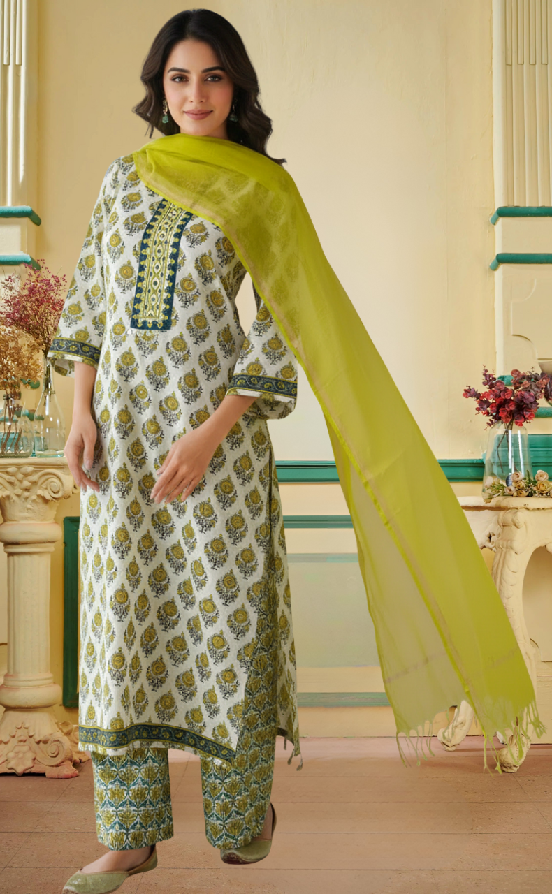 White Floral Jaipur Cotton Kurti With Pant And Dupatta Set. Pure Versatile Cotton. | Laces and Frills