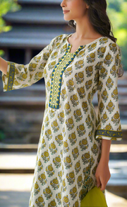 White Floral Jaipur Cotton Kurti With Pant And Dupatta Set. Pure Versatile Cotton. | Laces and Frills